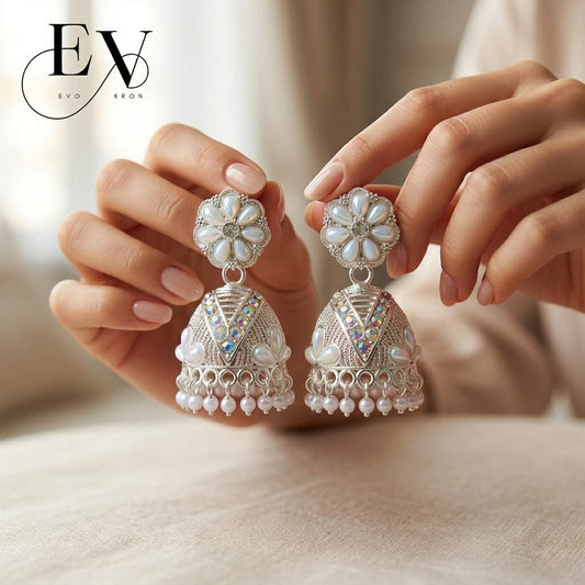 White Blossom Jhumkas | Silver-Toned Pearl Flower Jhumka