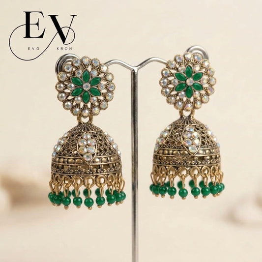 Eimerald Garden Jhumkas | Antique Gold Oxdised Jhumka