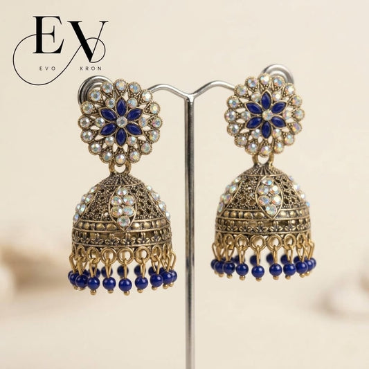 Indigo Bloom Jhumkas | Antique Gold Oxidised Jhumka