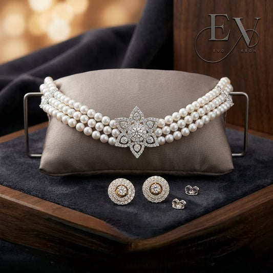 Royal Pearl Choker Set | Triple-Strand Pearl Stud Earrings