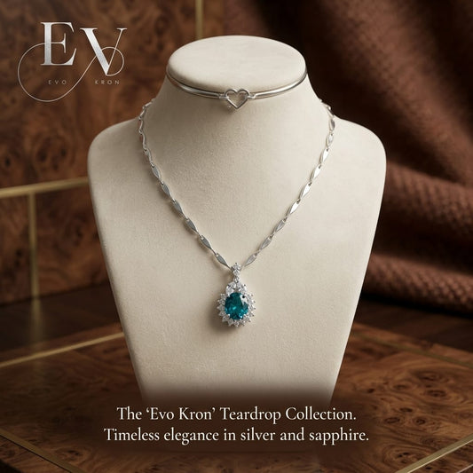 Silver-Plated Blue Sapphire Teardrop Pendant Necklace