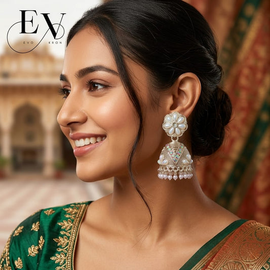 White Blossom Jhumkas | Silver-Toned Pearl Flower Jhumka