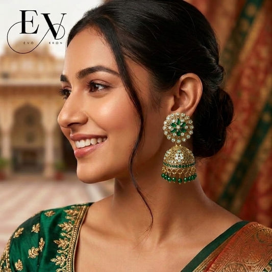 Eimerald Garden Jhumkas | Antique Gold Oxdised Jhumka
