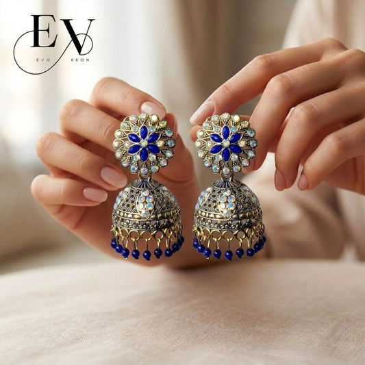 Indigo Bloom Jhumkas | Antique Gold Oxidised Jhumka