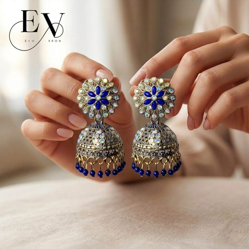 Indigo Bloom Jhumkas | Antique Gold Oxidised Jhumka