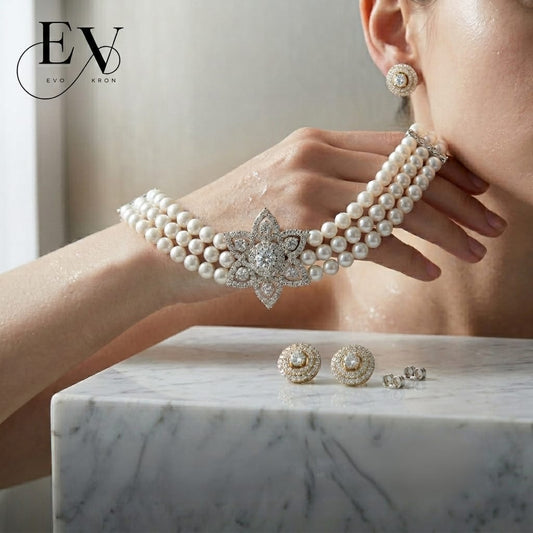 Royal Pearl Choker Set | Triple-Strand Pearl Stud Earrings