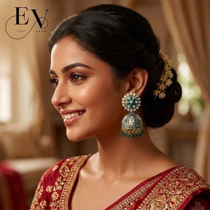 Eimerald Garden Jhumkas | Antique Gold Oxdised Jhumka - Evokron