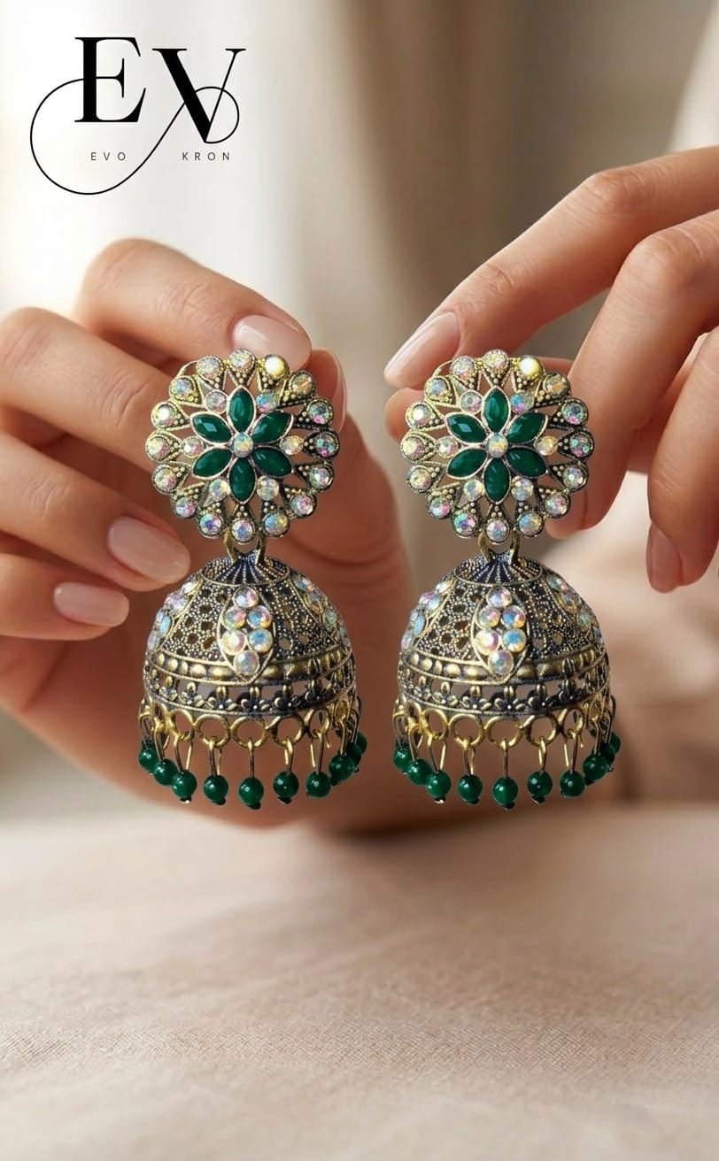 Eimerald Garden Jhumkas | Antique Gold Oxdised Jhumka - Evokron