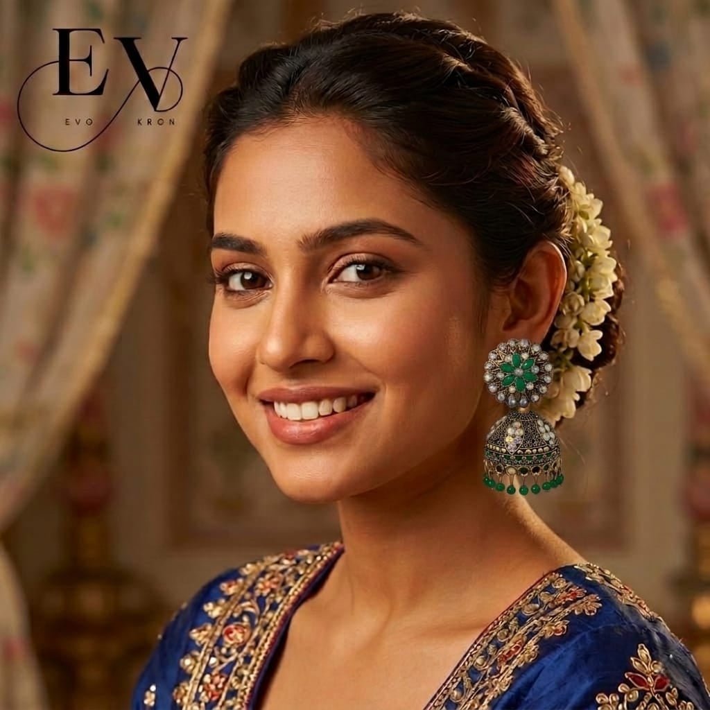 Eimerald Garden Jhumkas | Antique Gold Oxdised Jhumka - Evokron