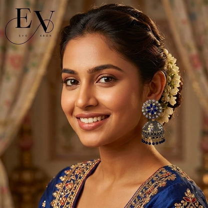Indigo Bloom Jhumkas | Antique Gold Oxidised Jhumka - Evokron