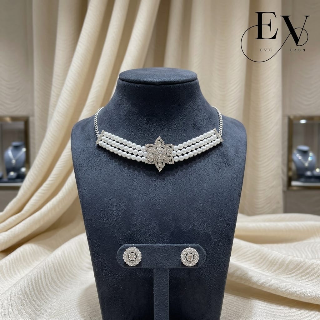 Royal Pearl Choker Set | Triple - Strand Pearl Stud Earrings - Evokron