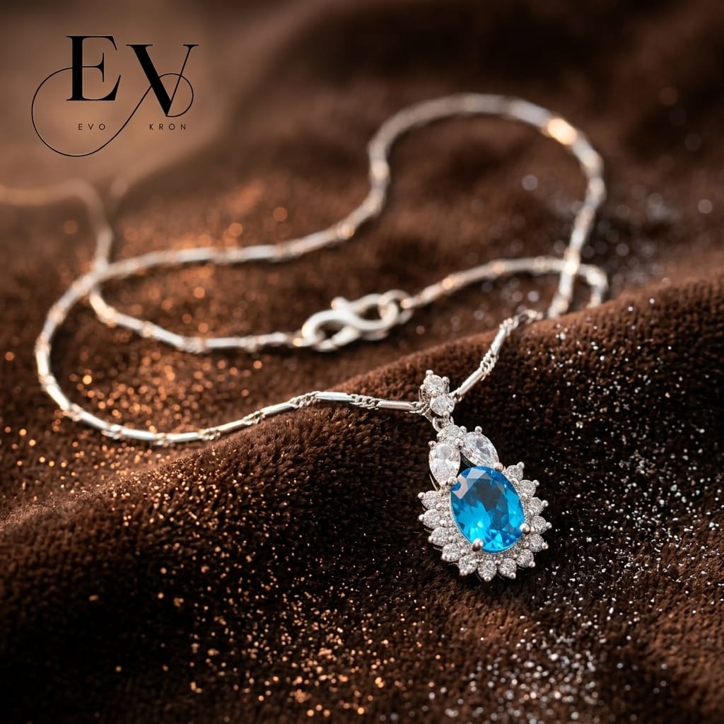 Silver - Plated Blue Sapphire Teardrop Pendant Necklace - Evokron
