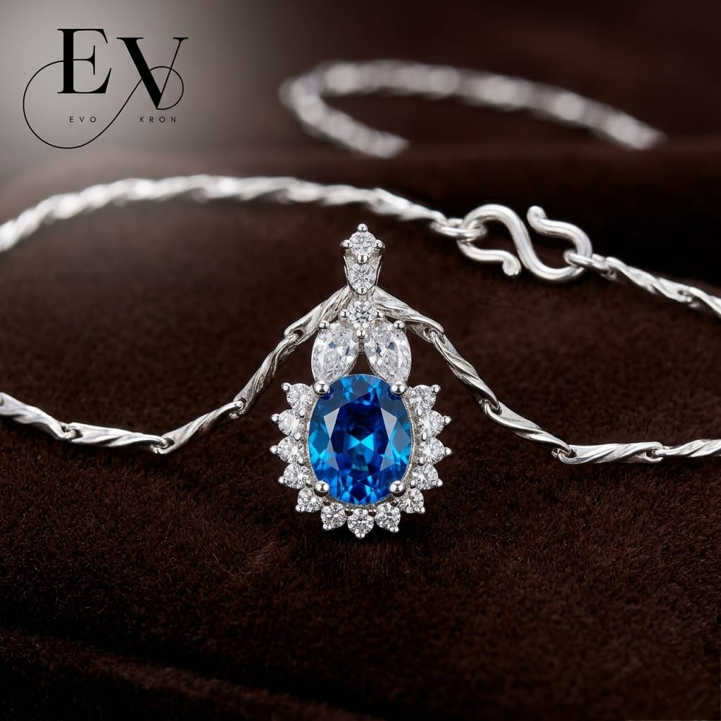 Silver - Plated Blue Sapphire Teardrop Pendant Necklace - Evokron